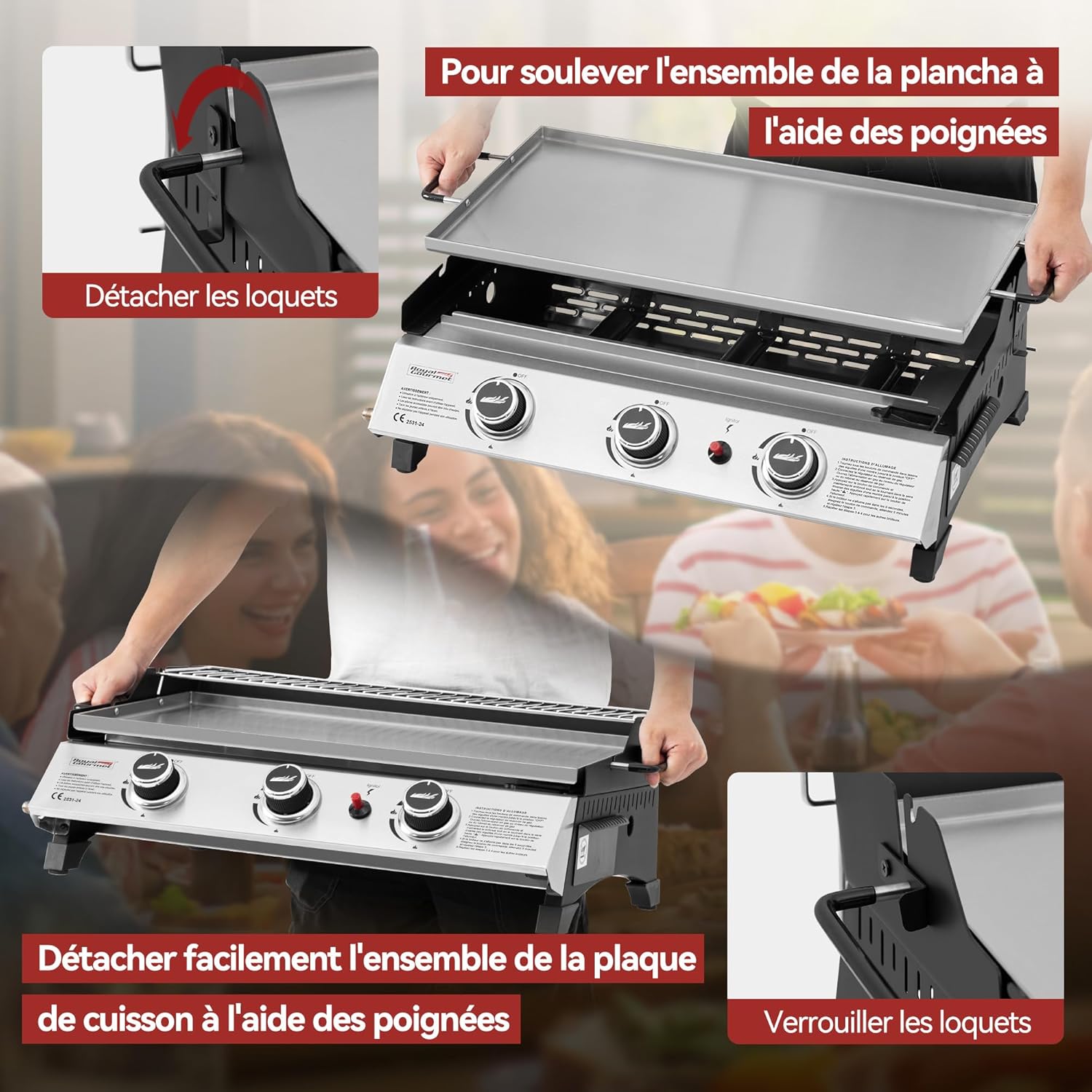 jardinite - Plancha gaz inox 3 brûleurs 61,5x32cm, 7,5kW, usage extérieur