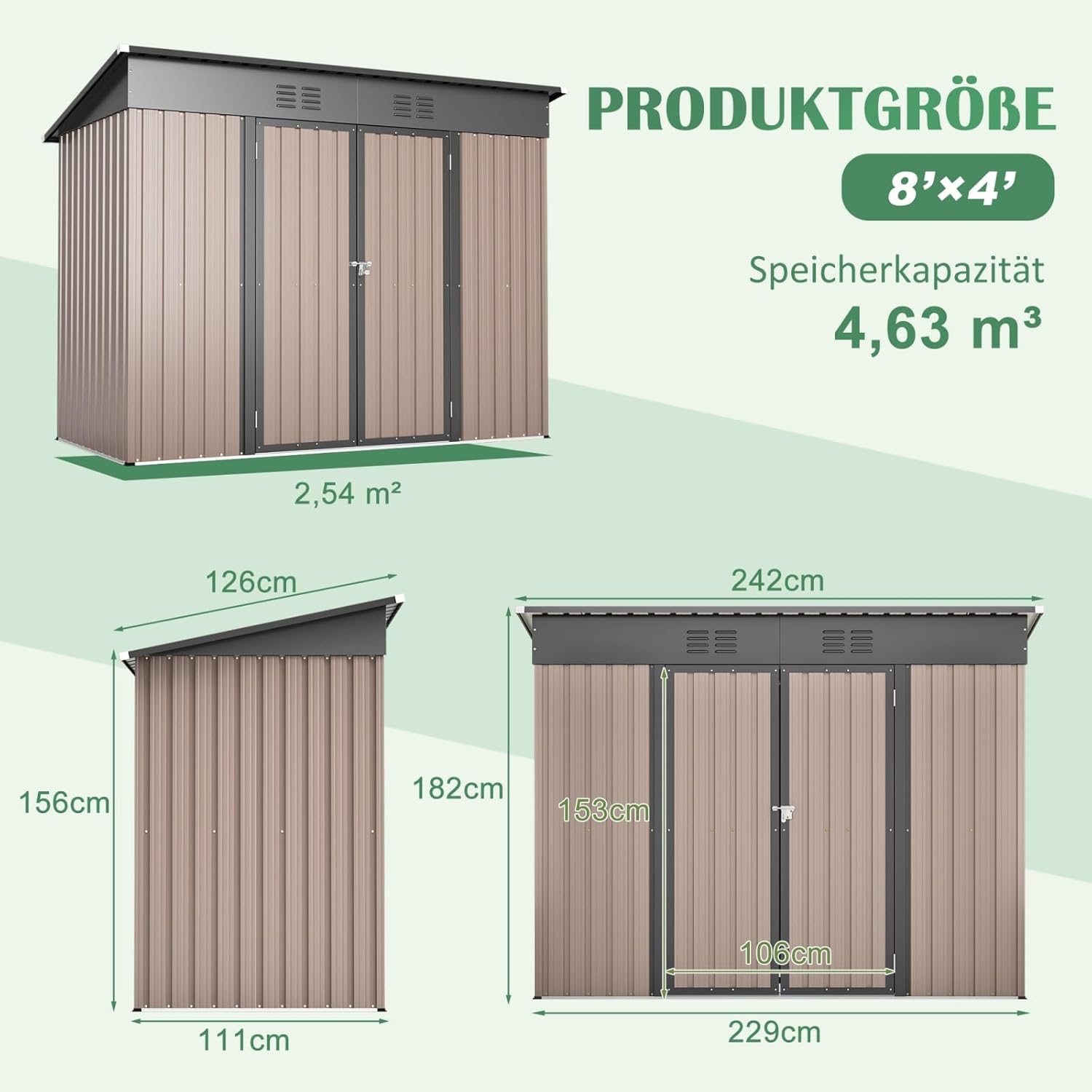 Abri de Jardin Métal - 8x4 FT - fondation incluse, toit incliné, résistant intempéries, marron