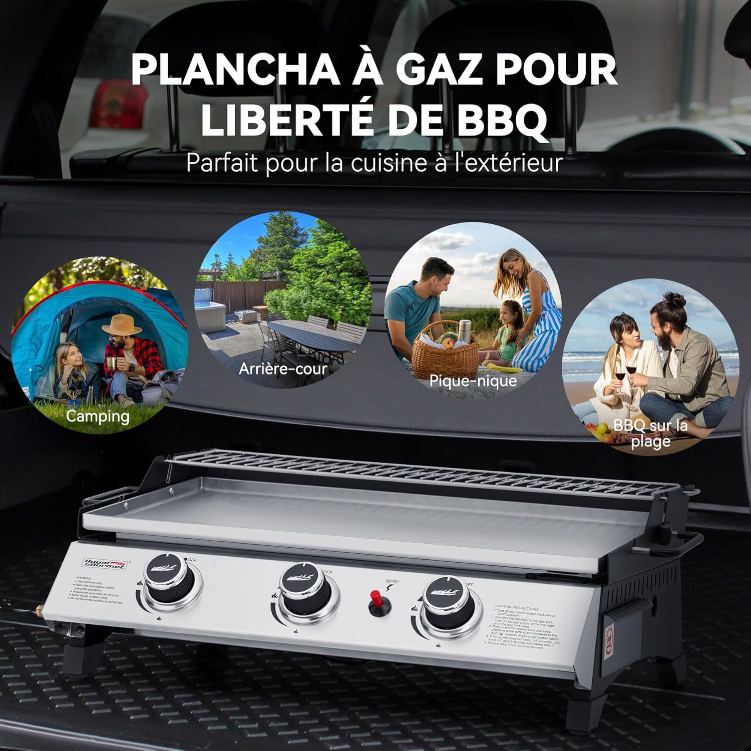 jardinite - Plancha gaz inox 3 brûleurs 61,5x32cm, 7,5kW, usage extérieur