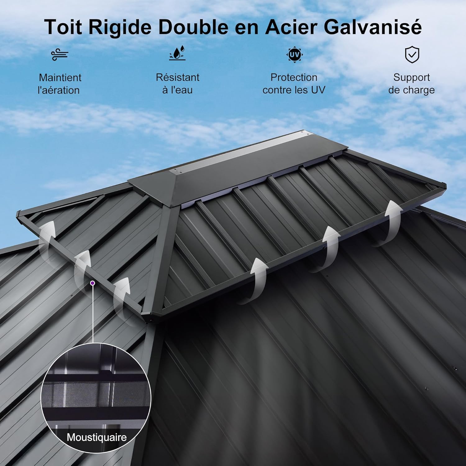 Pergolat double toit 5,2x4m rideaux moustiquaire acier