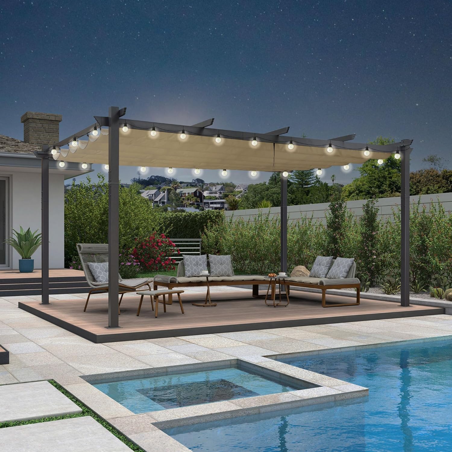 jardinite - pergola aluminium série LED - 4,8x3,5 m - toit rétractable, structure résistante, kaki