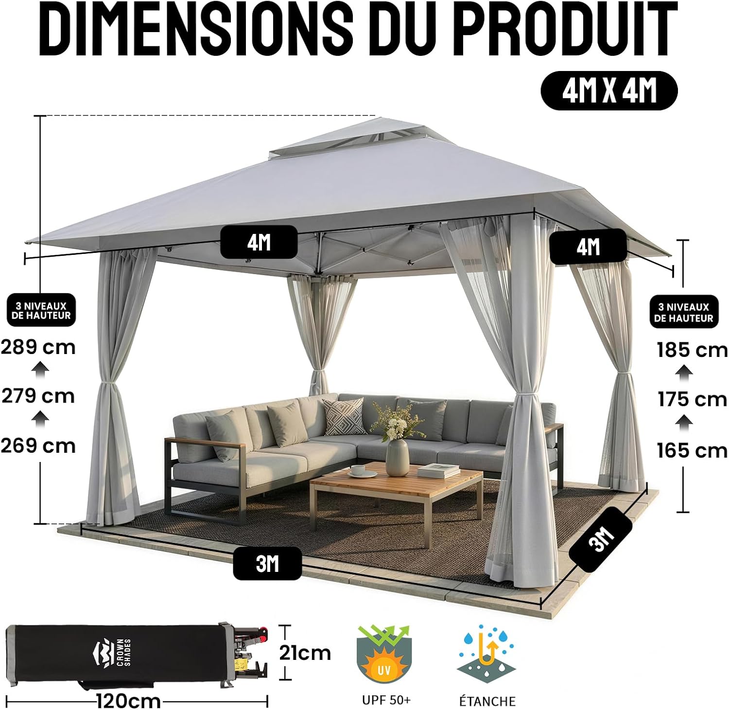 jardinite - tonnelle jardin pop up - 4x4 m - double toit, côtés maille, hauteur réglable