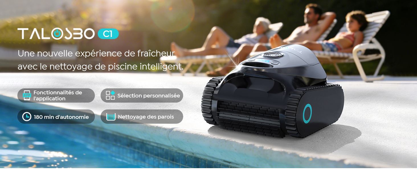 Le texte indique « jardinite C1 ». Vues multiples du robot nettoyeur de piscine noir avec démonstrations des caractéristiques techniques et affichage de l'interface.
