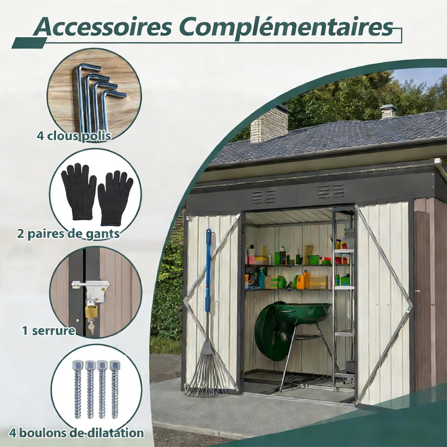 Abri de jardin métal compact 229x111x182cm, verrouillable, fondation