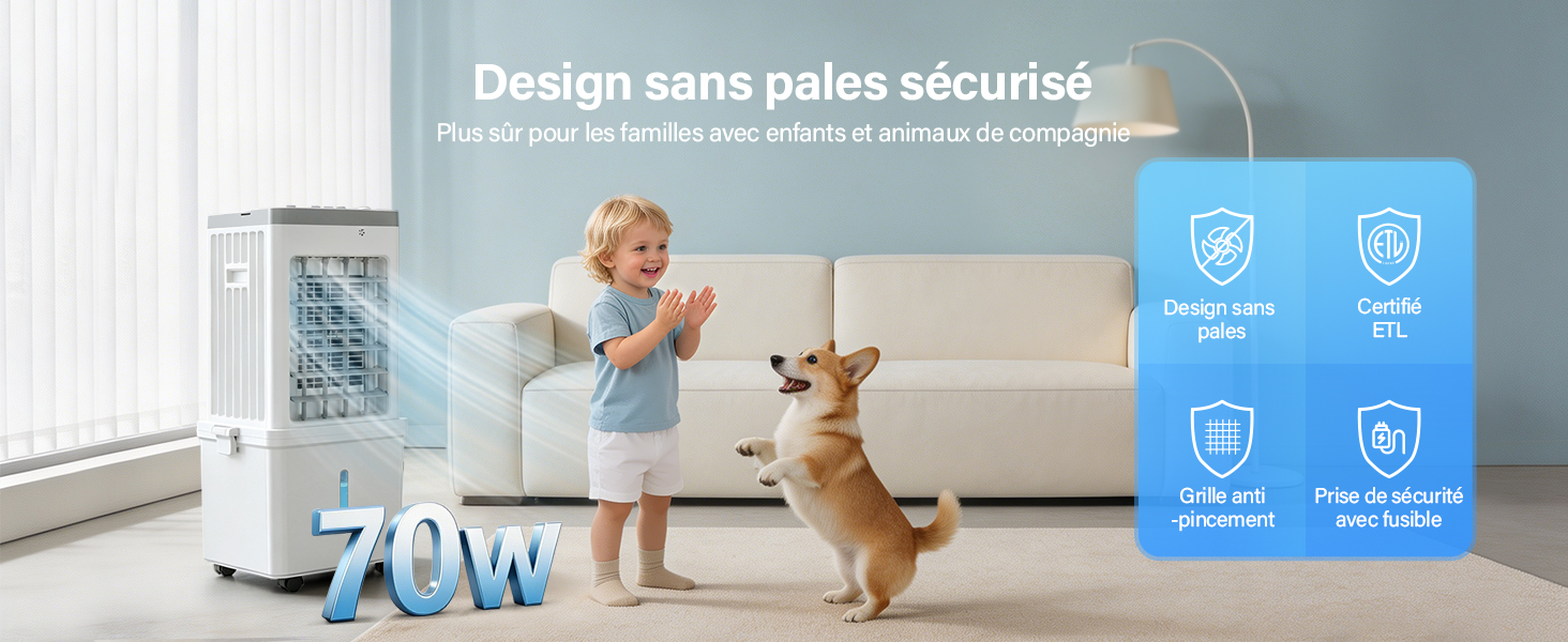 Le texte « Design sana pelas security » est superposé à l'image. Adulte et enfant avec chien à l'intérieur. Unité de purification d'air blanche affichée sur le côté gauche. Le panneau d'icônes bleu sur la droite montre quatre symboles caractéristiques avec des coches pour les avantages du produit.