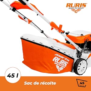 Le texte indique « RURIS ». Plusieurs vues d'un souffleur à feuilles sans fil ou d'un outil de jardinage de couleur orange présenté dans différentes positions et angles.