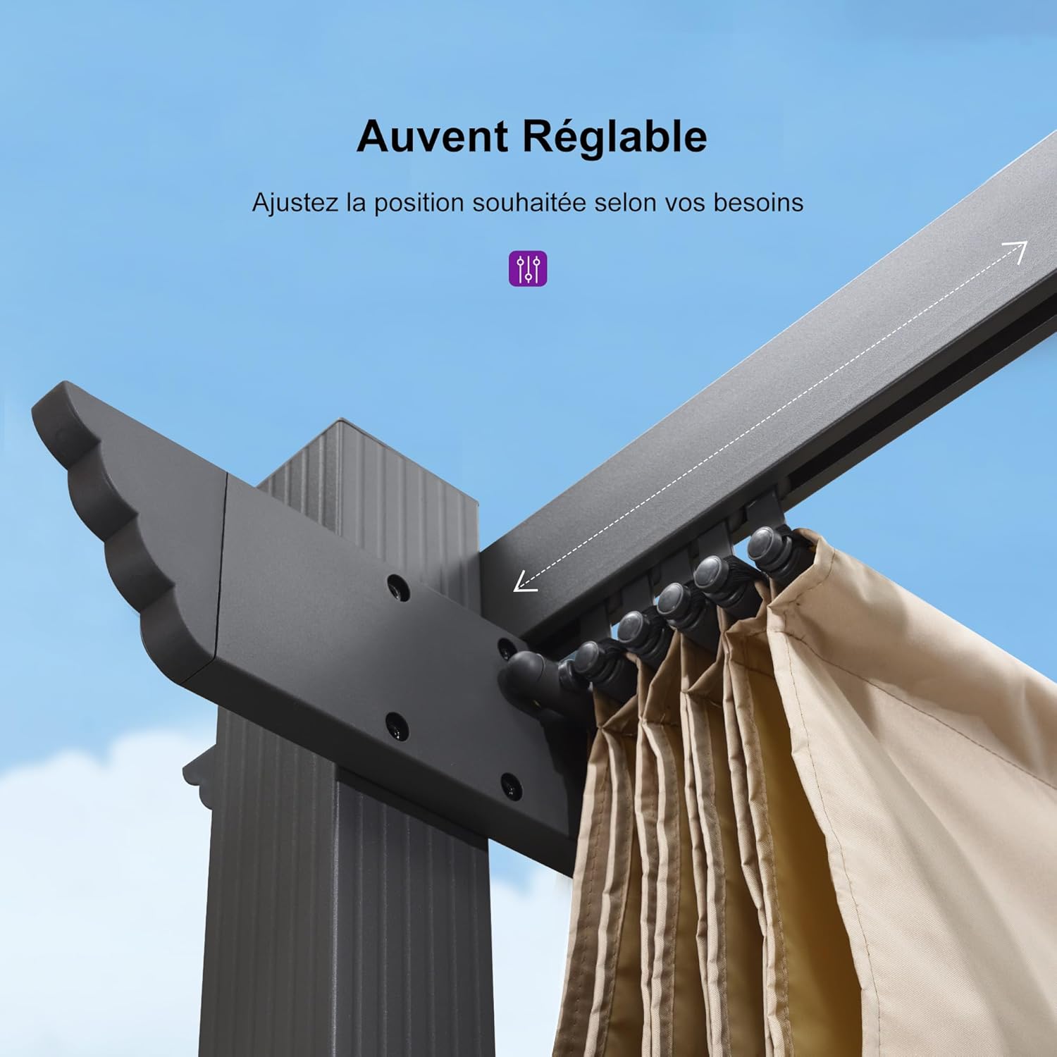 jardinite - Pergola Aluminium - 4x3m - Toit coulissant, tissu kaki