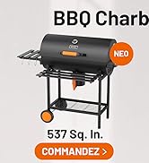 Le texte indique « BBQ Charb », « 557 pouces carrés ». ',' NÉO ', 'COMMANDEZ'. Vues multiples d'un grand barbecue noir avec étagères latérales et roulettes.