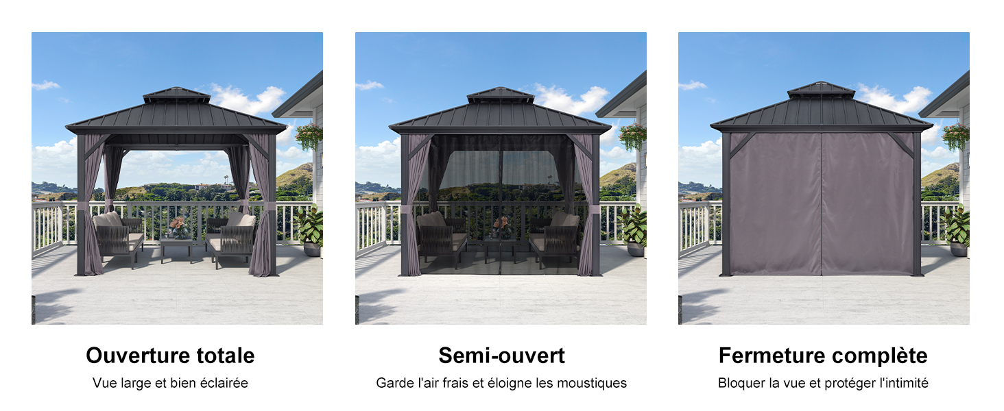 un belvédère avec un rideau noir et un rideau noir.