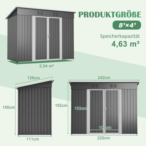 Abri de jardin en métal 242 x 126 x 182 cm – Armoire de jardin résistante aux intempéries avec toit incliné et ventilation – Porte verrouillable, cadre de fondation pour jardin, terrasse, vélo et