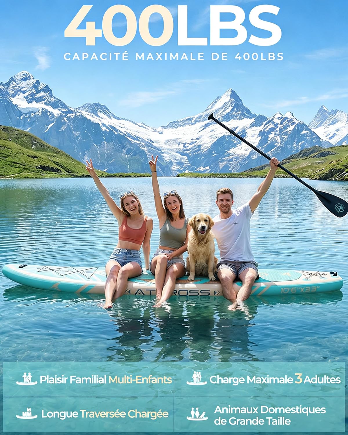 Stand Up Paddle Gonflable Adulte avec Siège Kayak & Accessoires, 320x84cm Planche de Sup Extra Large pour 2 Personnes, Charge 200kg, Kayak Gonflable 2 Places Stable et Antidérapant pour Surf
