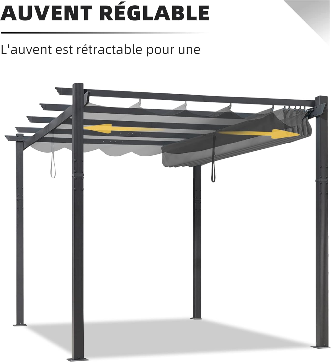 jardinite - pergola aluminium - 3,65x3m - toit rétractable LED, tissu gris