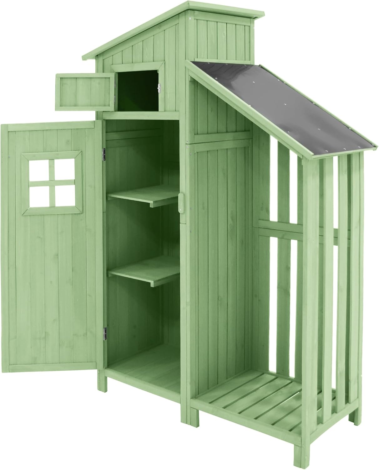 Abri de Jardin en Bois, Cabane de Jardin avec PVC à Structure en Forme de Selle, Coffre de Jardin avec Fondation et 2 étagères de Rangement, Armoire Outils de Jardinage, 124x46x174cm Vert