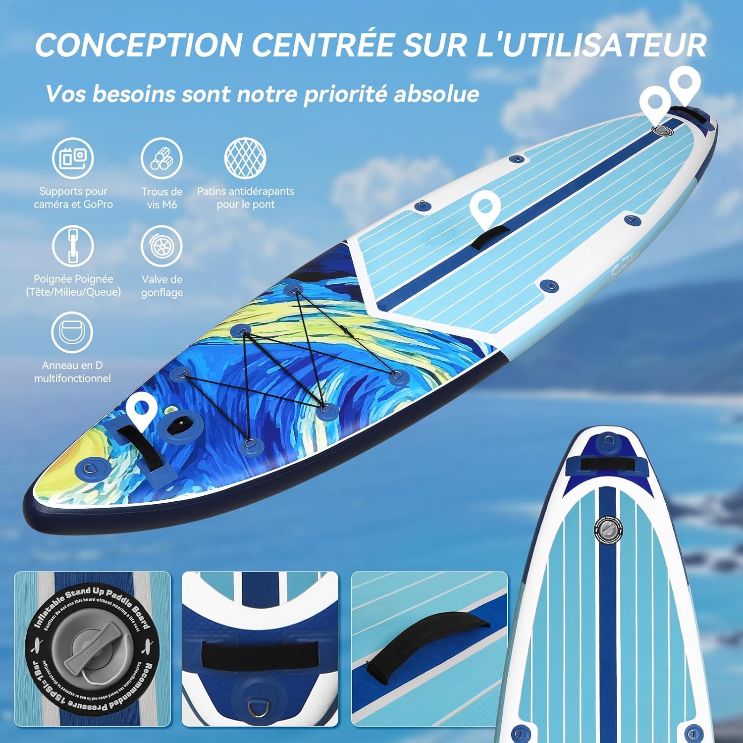 jardinite - Paddle gonflable adulte 320/335cm - 2 personnes, siège kayak, pagaie, support caméra, 150kg