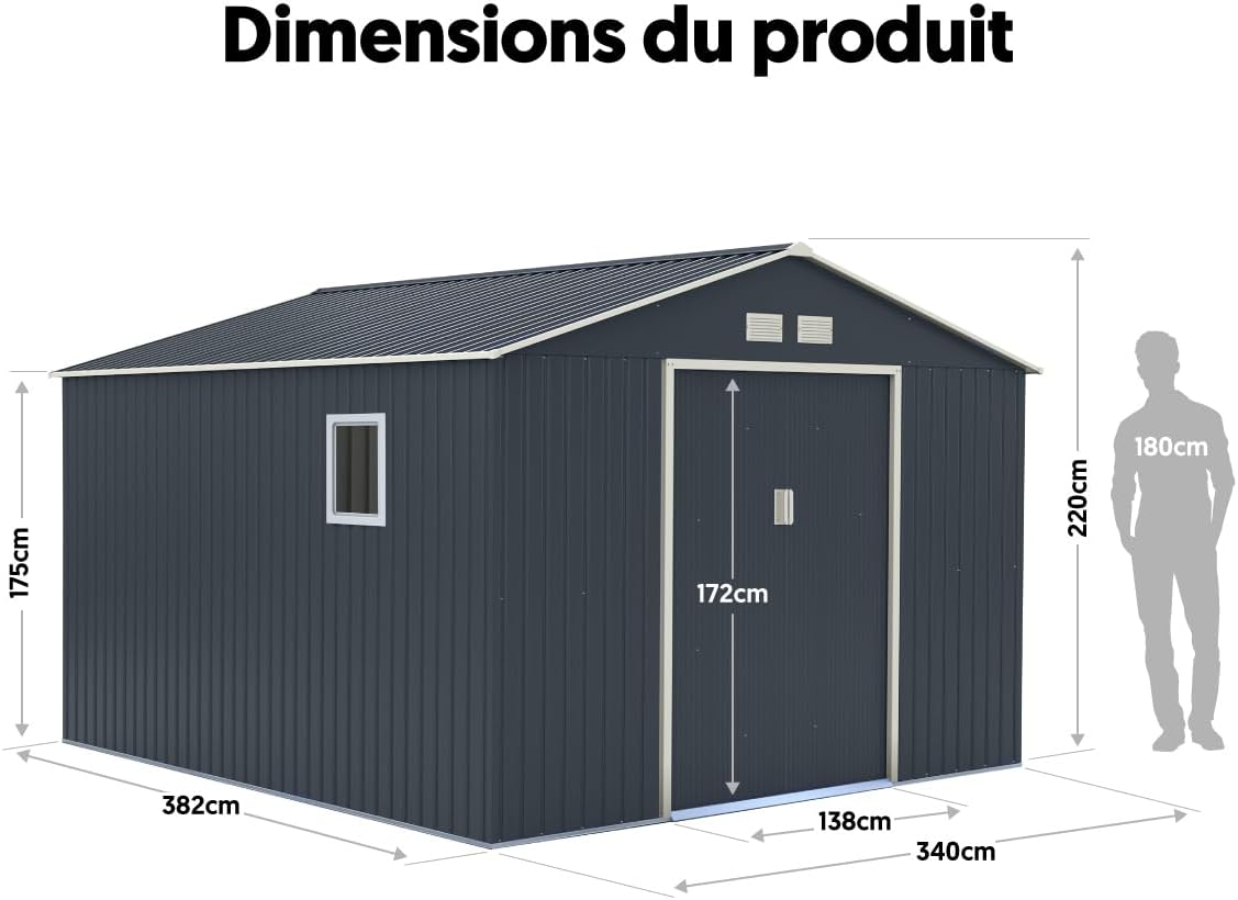 Abri de jardin acier galvanisé - 13m², parois 175cm, fenêtre, kit ancrage
