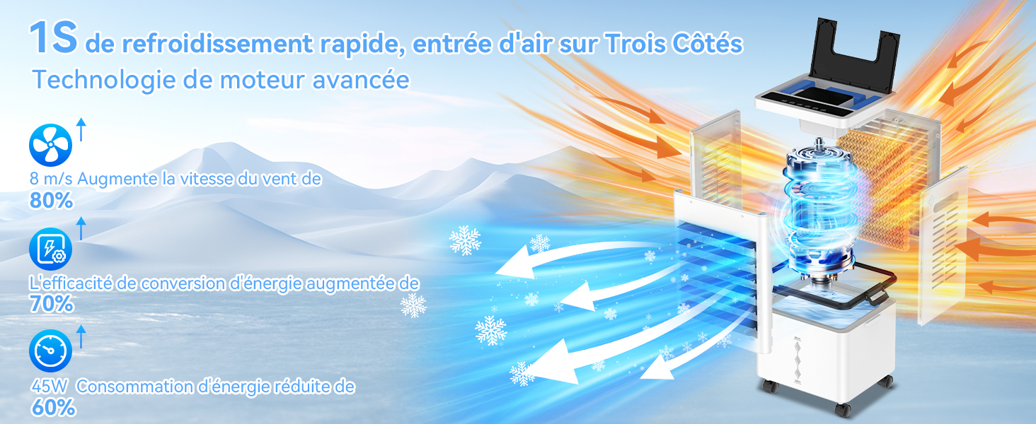 Le texte indique « 15 de extensionamiento y potencia la vida útil de tu ropa » avec des images cloud et technologiques. Bannière promotionnelle présentant les avantages du produit avec un fond de paysage de montagne.