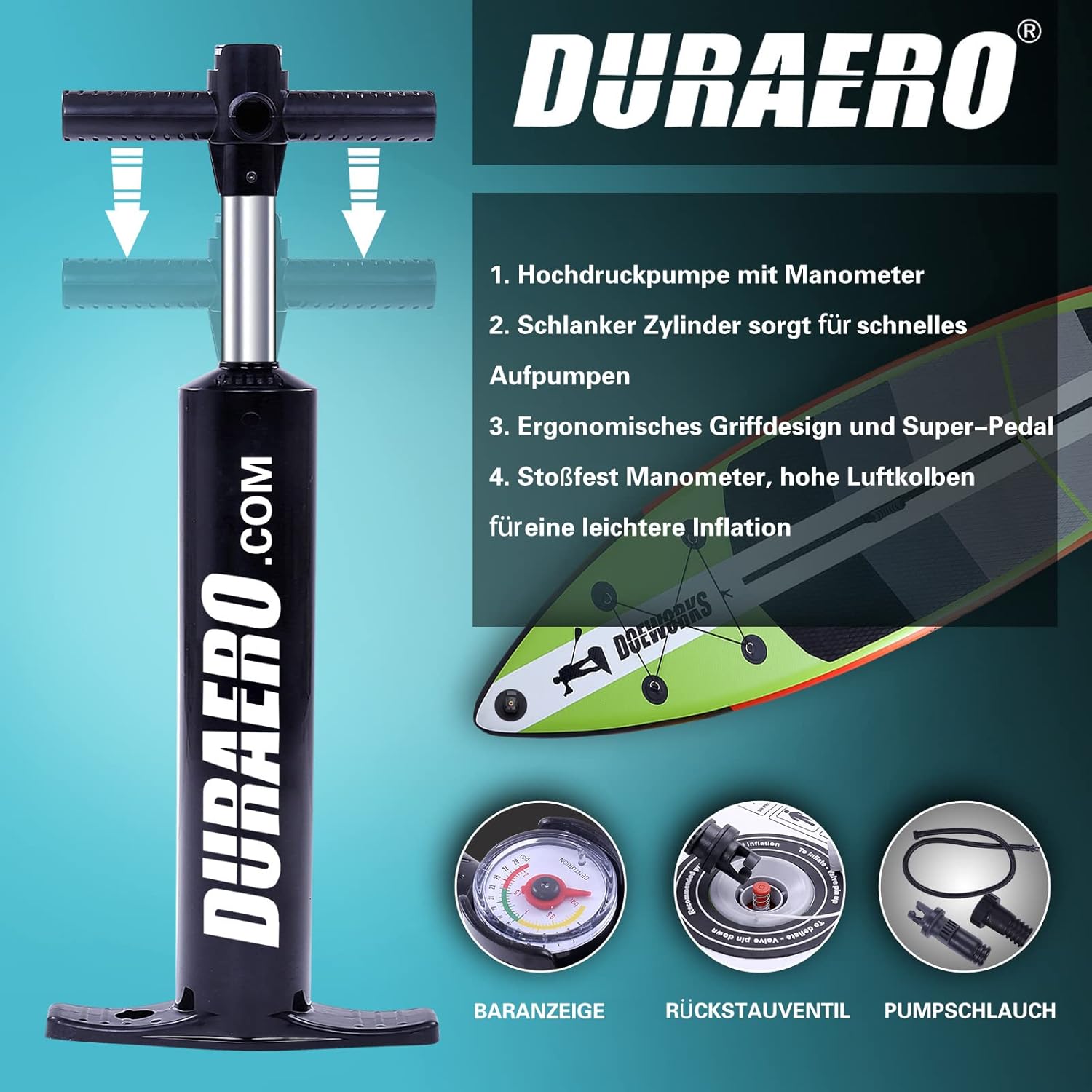 Siège de Kayak Gonflable Stand Up Paddle et Support de caméra, pagaie 2 en 1 330x76x15cm, Pompe jusqu'à 150kg avec Sangle de Pied, Sac à Dos