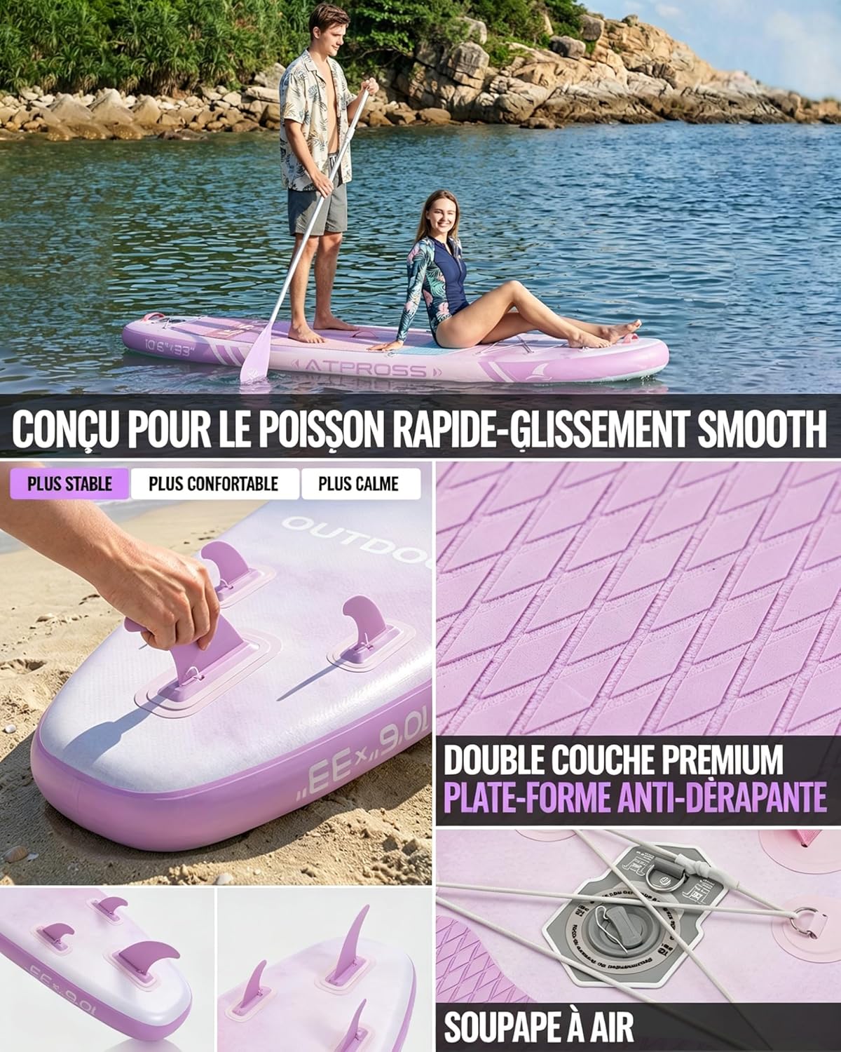 Stand Up Paddle Gonflable Adulte avec Siège Kayak & Accessoires, 320x84cm Planche de Sup Extra Large pour 2 Personnes, Charge 200kg, Kayak Gonflable 2 Places Stable et Antidérapant pour Surf