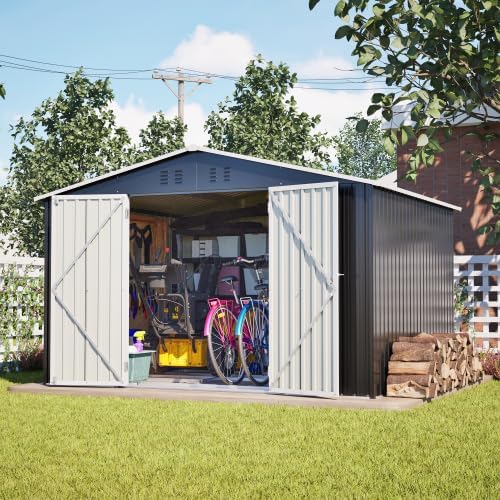Abri de jardin en métal 300 x 252 cm – Noir – Grand abri de jardin résistant aux intempéries avec toit à pignon, pour vélos et outils, abri de jardin XXXL