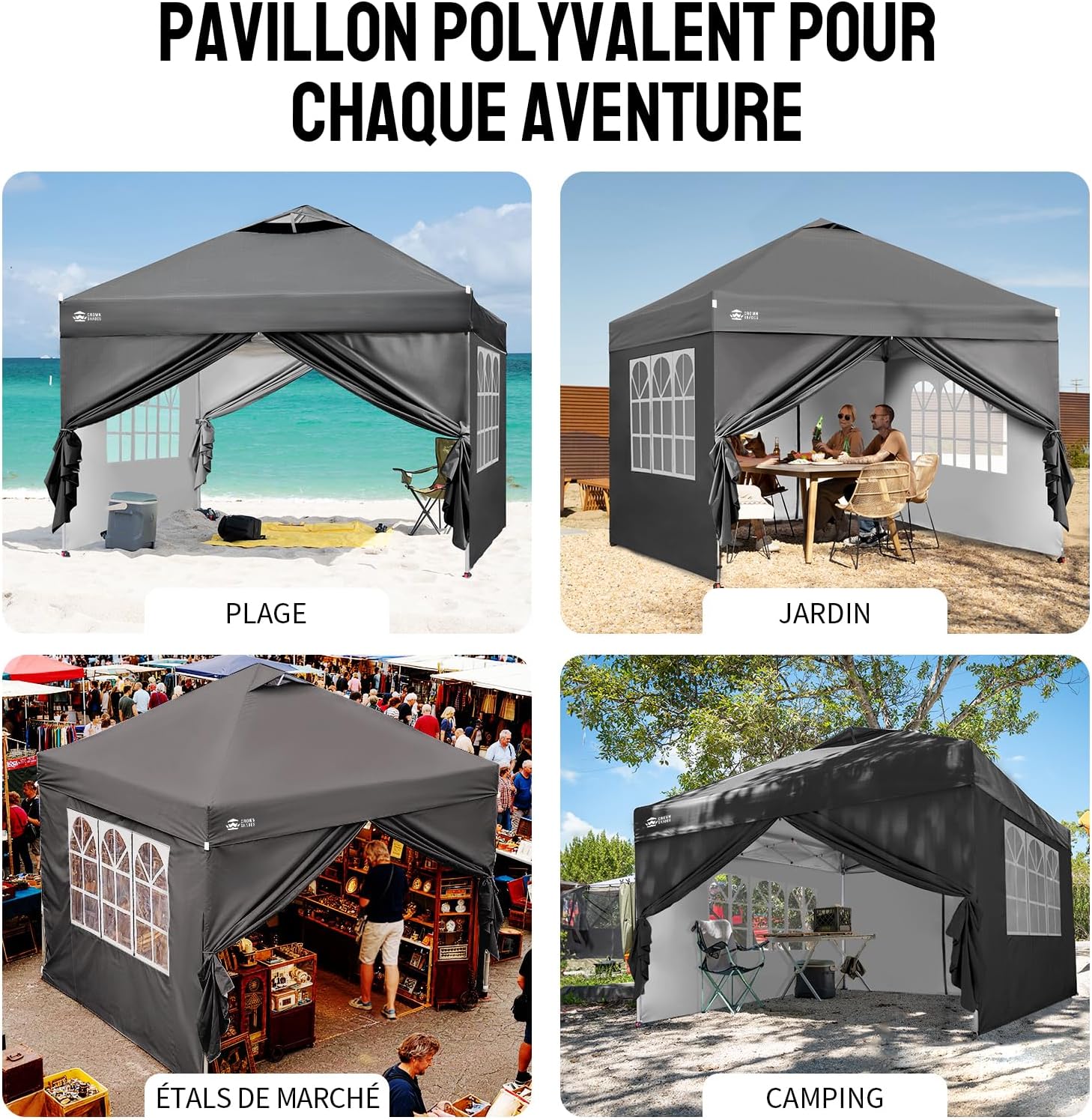 jardinite Tonnelle Pliante 3x3 Imperméable, Barnum Pliant de Jardin Exterieur, Pop-Up Gazebo avec Sac de Rangement, UPF 50+, avec 4 Parois Latérales Amovible, 4 Sac de Sable, Gris