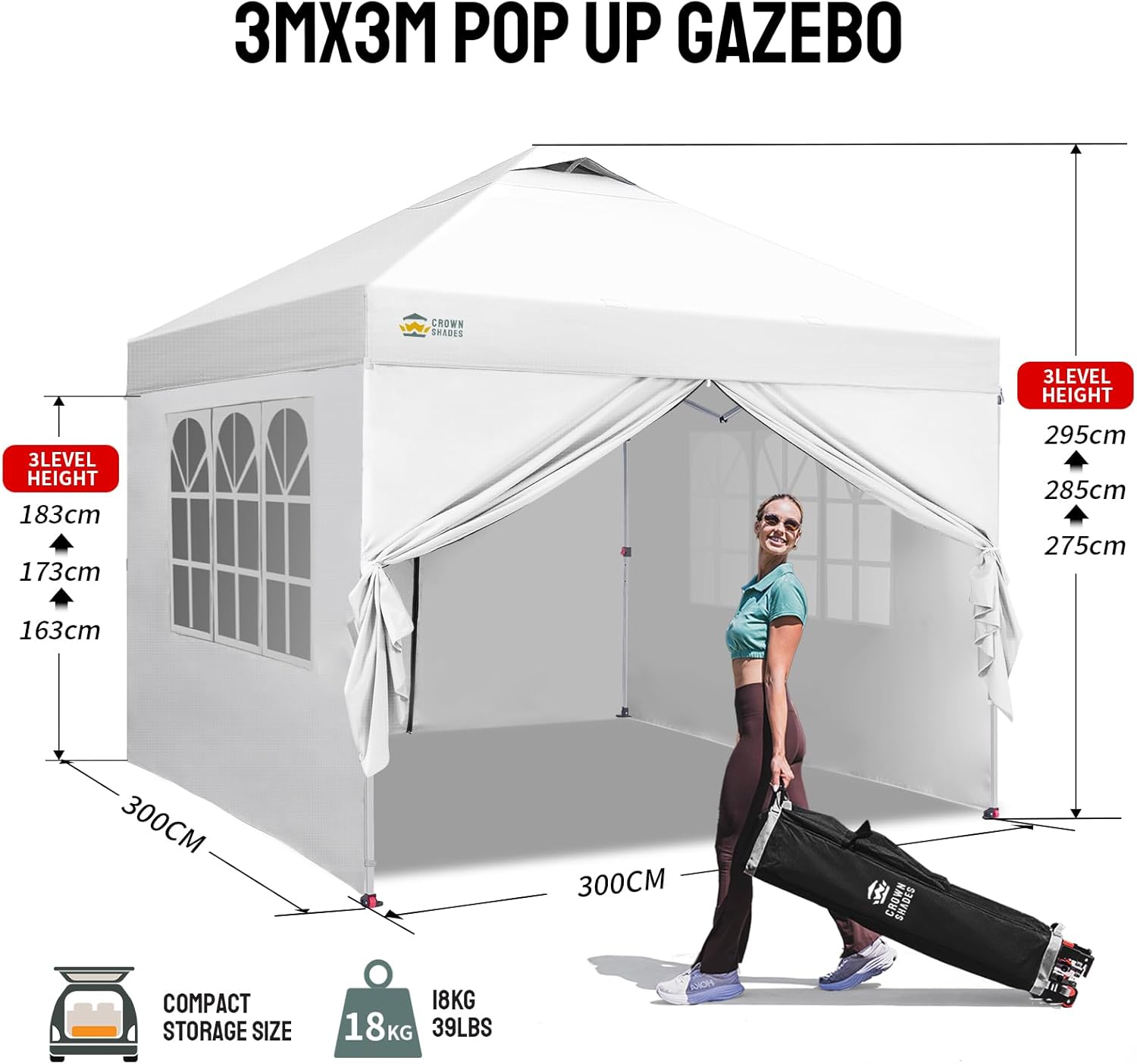 jardinite - Tonnelle Pliante - 3x3m - Imperméable, UPF 50+, 4 parois, sacs, blanc