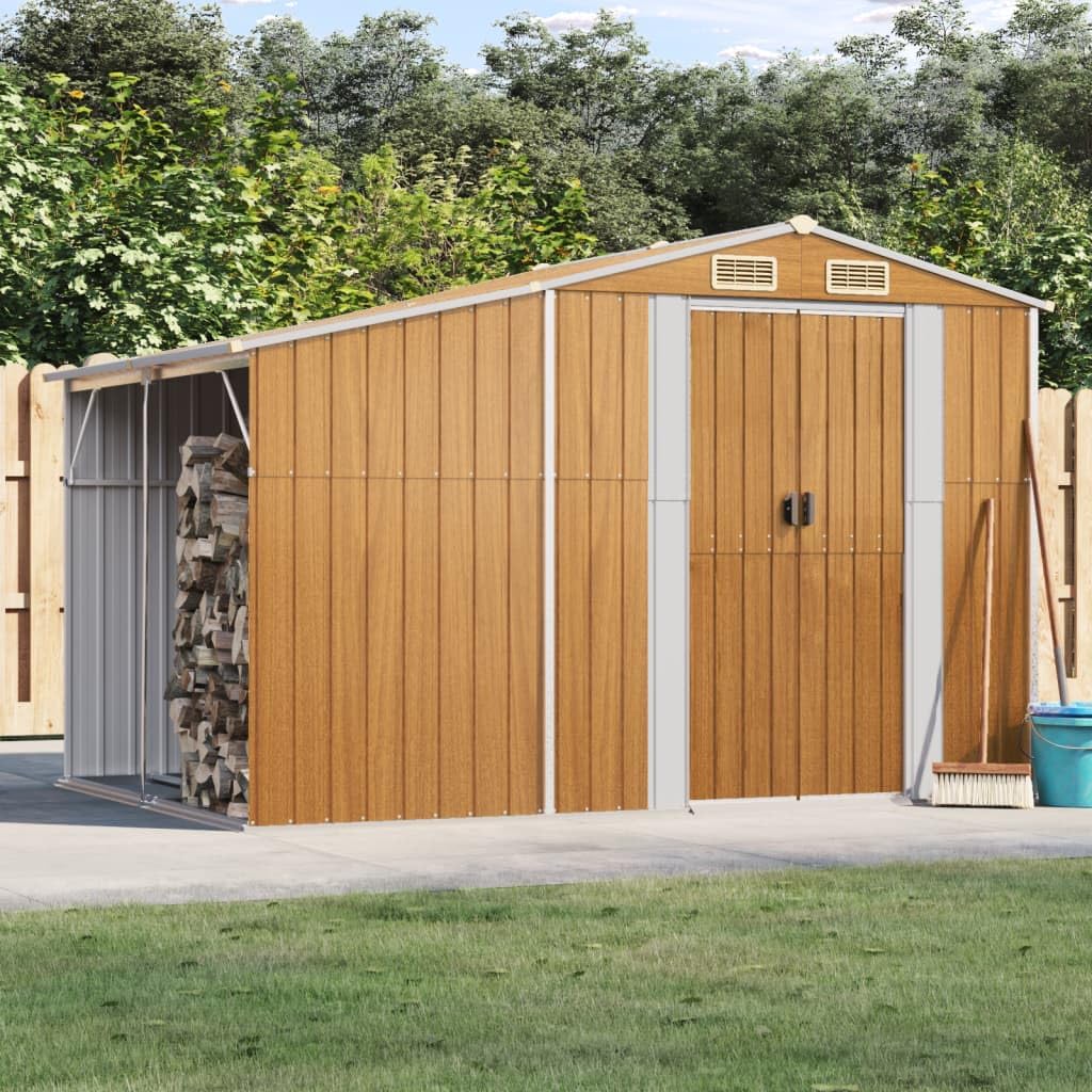 Abri de jardin marron clair 277 x 192,5 x 179 cm en acier galvanisé avec support pour bois de chauffage et 4 ouvertures d'aération pour outils de jardin et équipements