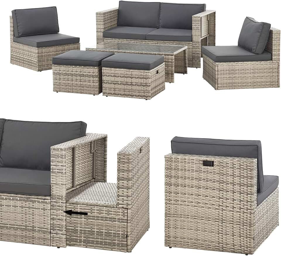 jardinite - Salon de jardin Salou - 6 places, polyrotin, table, coussins, résistant intempéries, gris