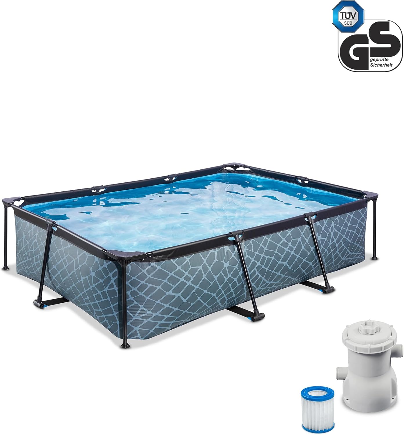jardinite Piscine Stone - 300x200x65cm - Piscine Hors Sol Rectangulaire avec Pompe Filtrante à Cartouche - Entrée Basse - Idéal pour Les Jeunes Enfants - Cadre Stable - Design Unique - Gris