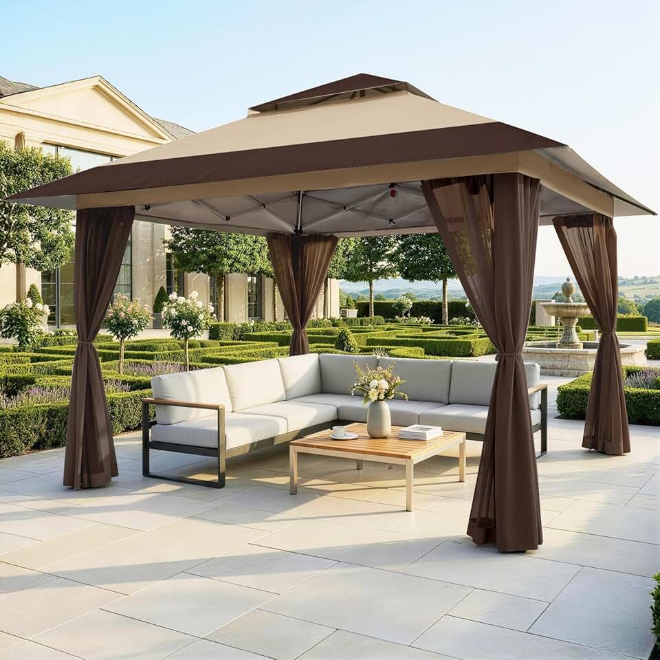 jardinite Tonnelle de Jardin 4 x 4 m, Pop Up Gezebo Exterieur Imperméable, Abri de Jardin Réglable en Hauteur, Double Toit avec Côtés en Maille Zippée, Sac de Transport, Beige