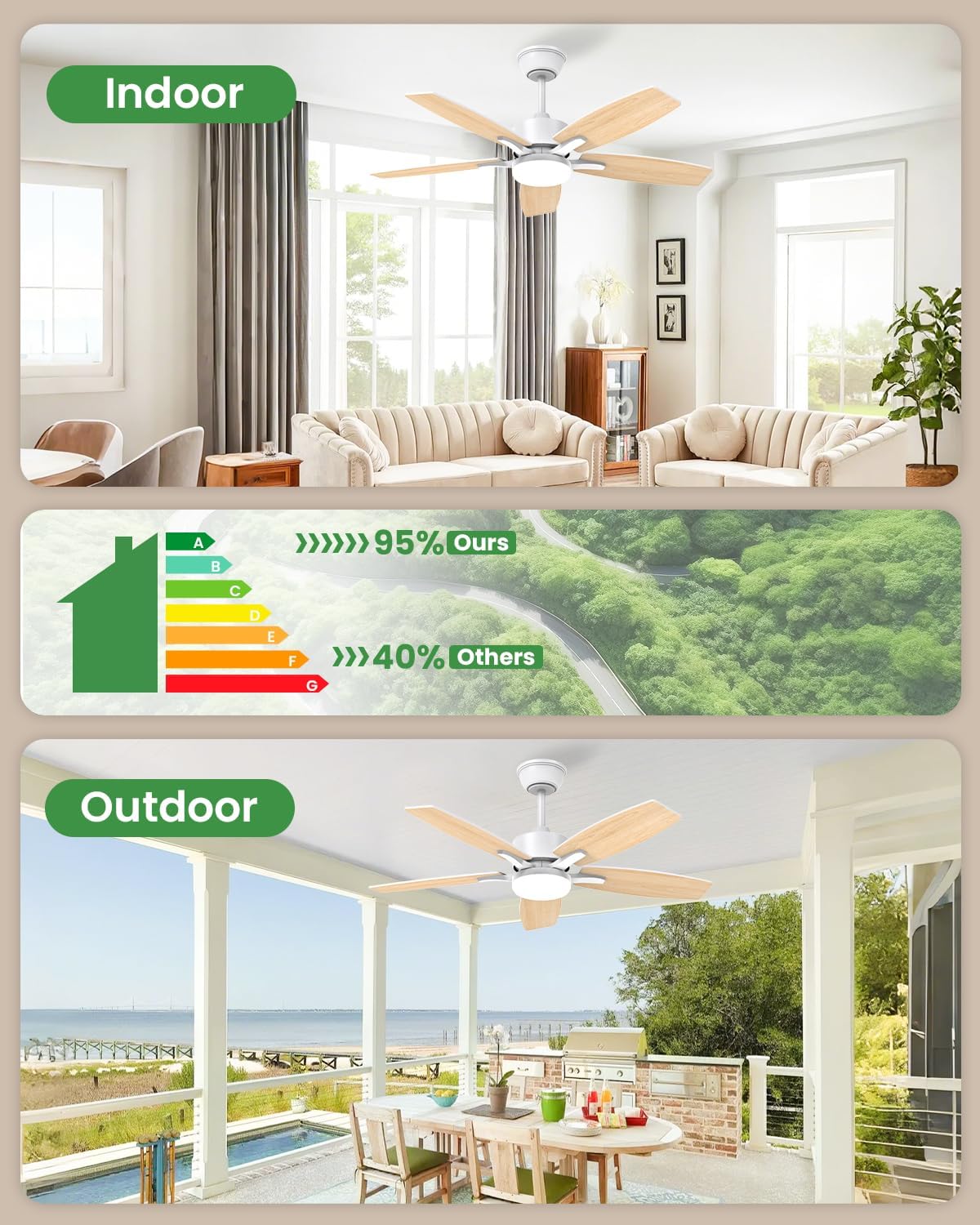 Silencieux Ventilateur Plafond avec Lumiere et Telecommande, 106cm Dimmable Lampe Ventilateur Plafond LED avec 5 Pales Doubles, Bois Clair/Blanc pour Chambre, Salon, Minuterie, 6 Vitesses