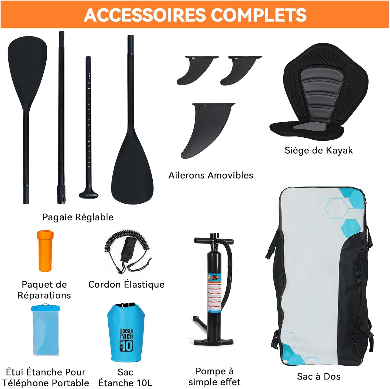 jardinite - Paddle gonflable adulte - 320/335cm - 2 personnes, siège kayak, pagaie alu, caméra, pompe, 150kg