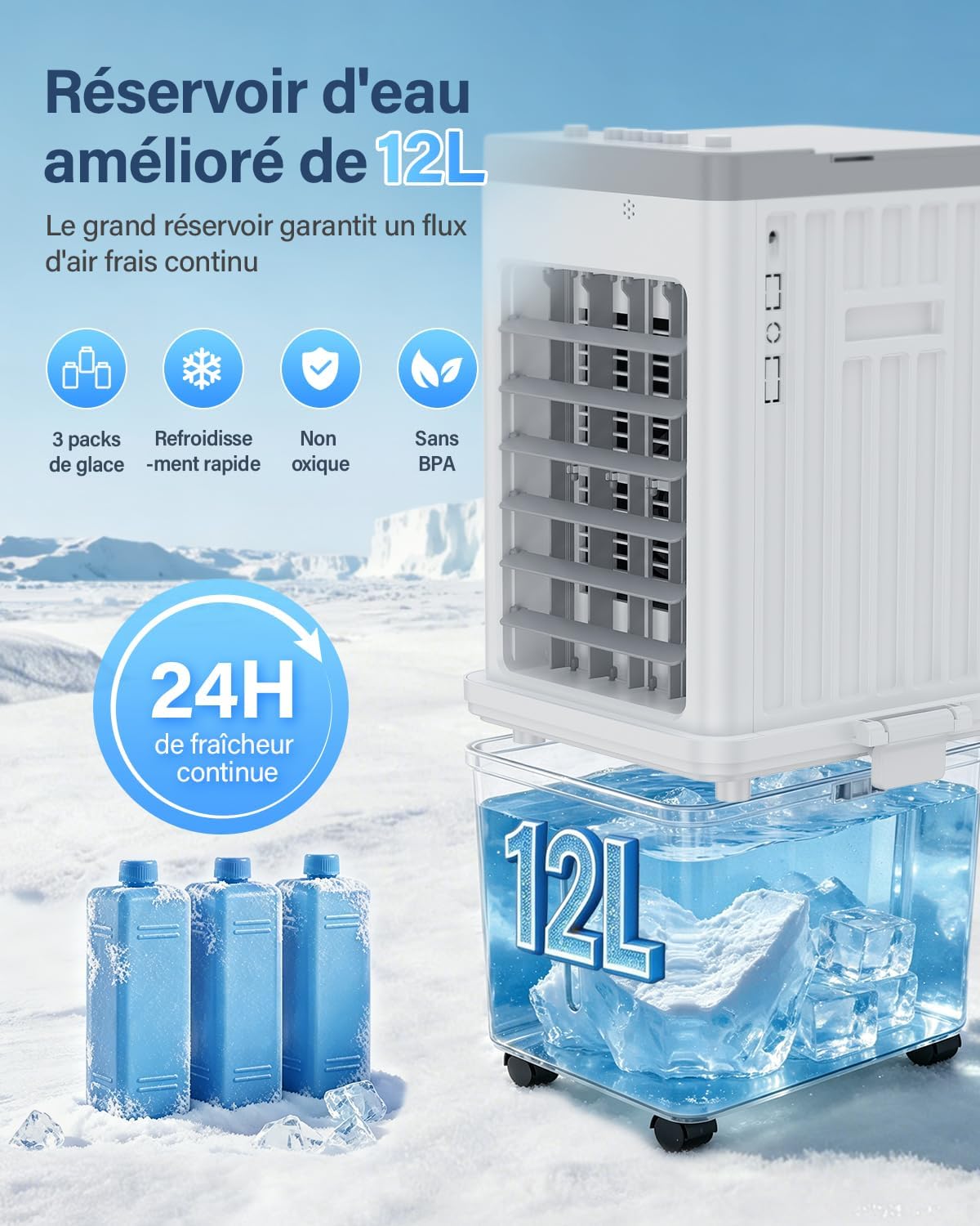 Climatiseur mobile - 12L, 3 vitesses, 120° oscillation, 35dB, roulettes