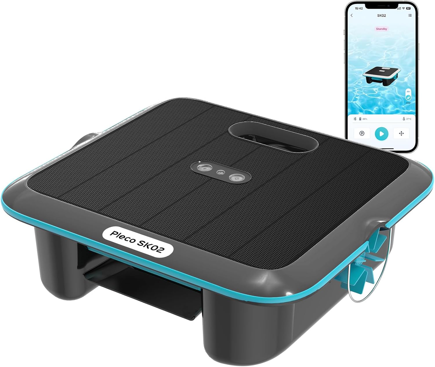 (Upgrade 2026) Pleco SK02 Robot Nettoyeur Skimmer Solaire de Surface Piscine, Robot Piscine sans Fil, Double Recharge, Sonde de Température, Contrôle App, Skimmer Piscine Hors Sol Automatique 24/7