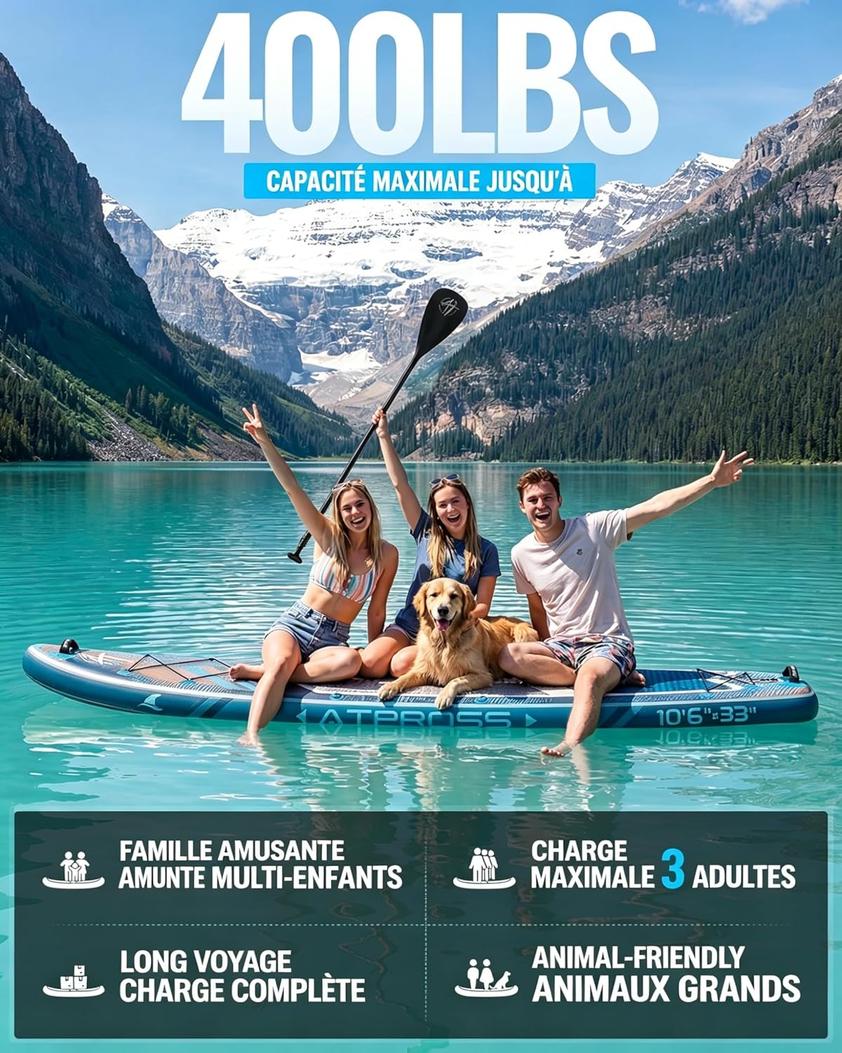 Stand Up Paddle Gonflable Adulte avec Siège Kayak & Accessoires, 320x84cm Planche de Sup Extra Large pour 2 Personnes, Charge 200kg, Kayak Gonflable 2 Places Stable et Antidérapant pour Surf