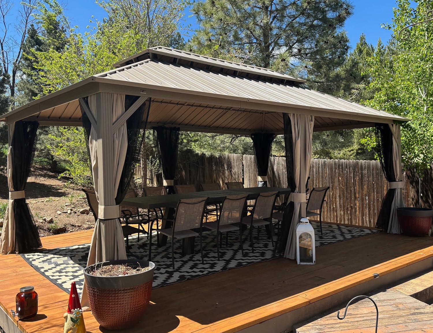 jardinite - Pergola série Champagne - 6 x 3,65 m - aluminium, toit acier, moustiquaire et rideaux