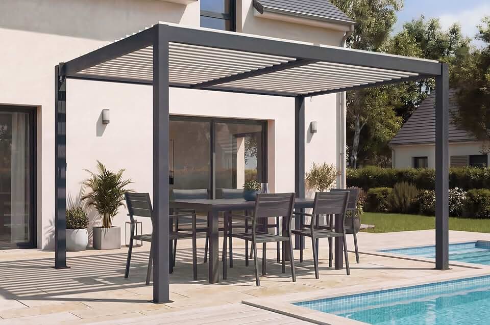 jardinite - AGOSTA - 4x3m autoportée aluminium gris lames blanches AGOSTA