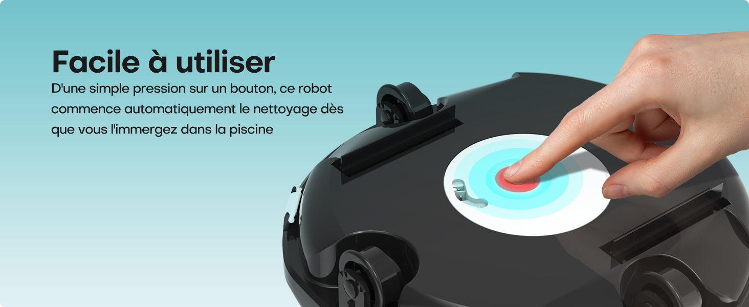 Appareil électronique noir avec interface à boutons illuminés en bleu, montrant une main démontrant le fonctionnement tactile. Le texte en français indique la facilité d'utilisation.