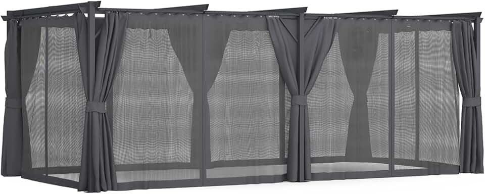 jardinite - Pergola intégrale moustiquaire, toit rétractable 3x6m, 6 rideaux gris