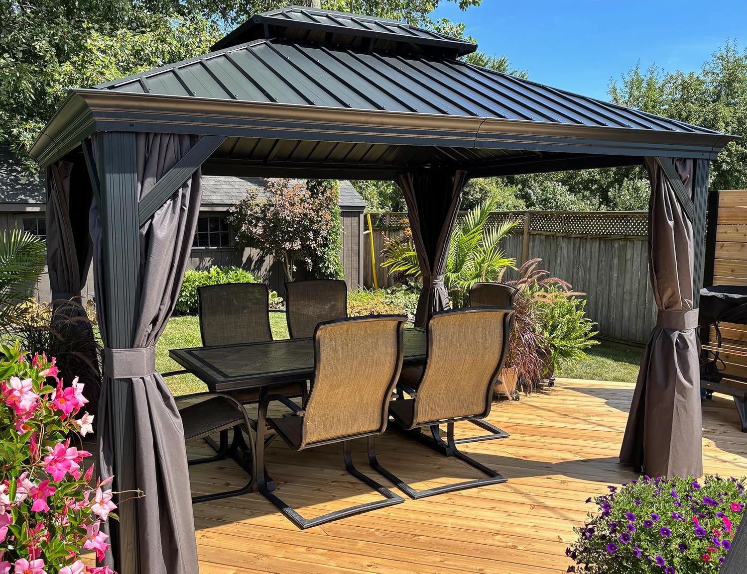 jardinite - tonnelle jardin série toit rigide - 3,65x3m - acier galvanisé, gouttière, rideaux épais