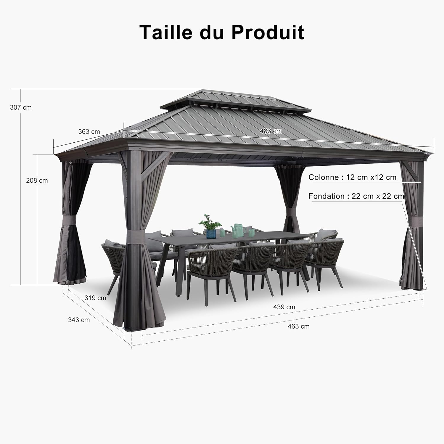 jardinite - tonnelle aluminium série - 4,85x3,65m - éclairage intégré, rideaux moustiquaires, gouttière, gris