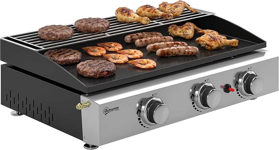 jardinite - Plancha gaz série 3 brûleurs - 60x40 cm - plaque émaillée, grille maintien chaleur, acier inoxydable