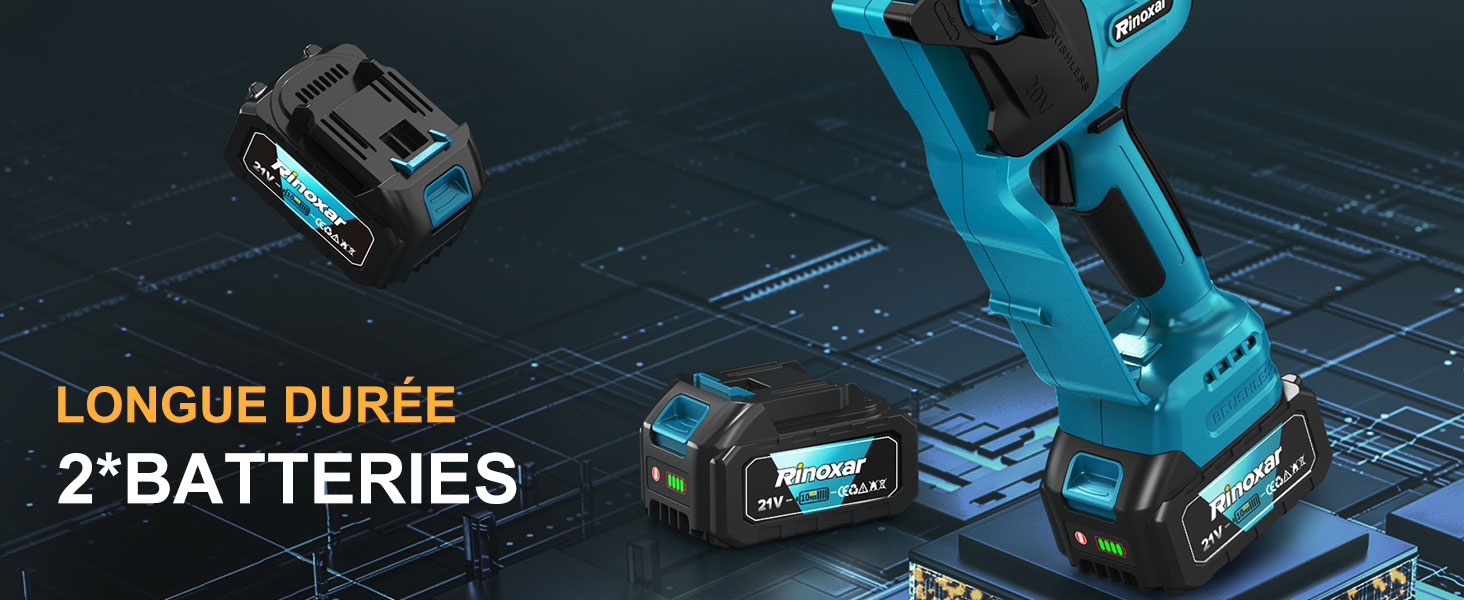 pour outils électriques comprenant un outil sans fil de couleur turquoise et deux blocs-batteries noirs. Le texte indique « LONGUE DURÉE DE VIE DE 2 PILES » sur fond