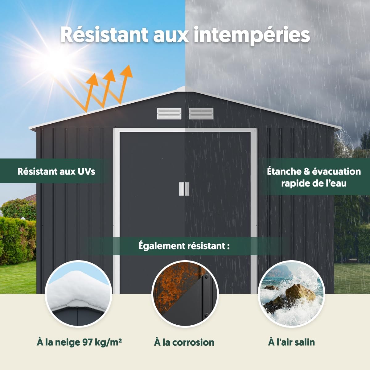 Abri de jardin acier galvanisé 15,16m², kit ancrage INOX
