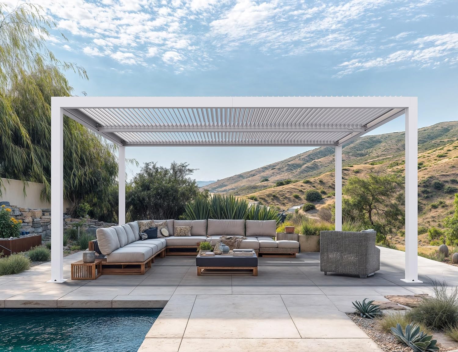 jardinite - Pergola bioclimatique aluminium 4,6x3,3m, lames orientables, blanc