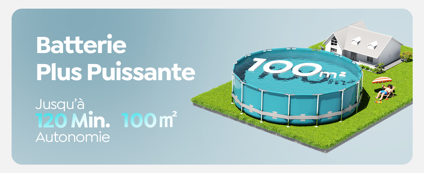 Le texte indique « Batterie », « Plus Puissante », « Jusqu'à 120 min. 100 m² ». Panneaux marketing montrant un robot de nettoyage de piscine avec indicateurs d'autonomie de la batterie.
