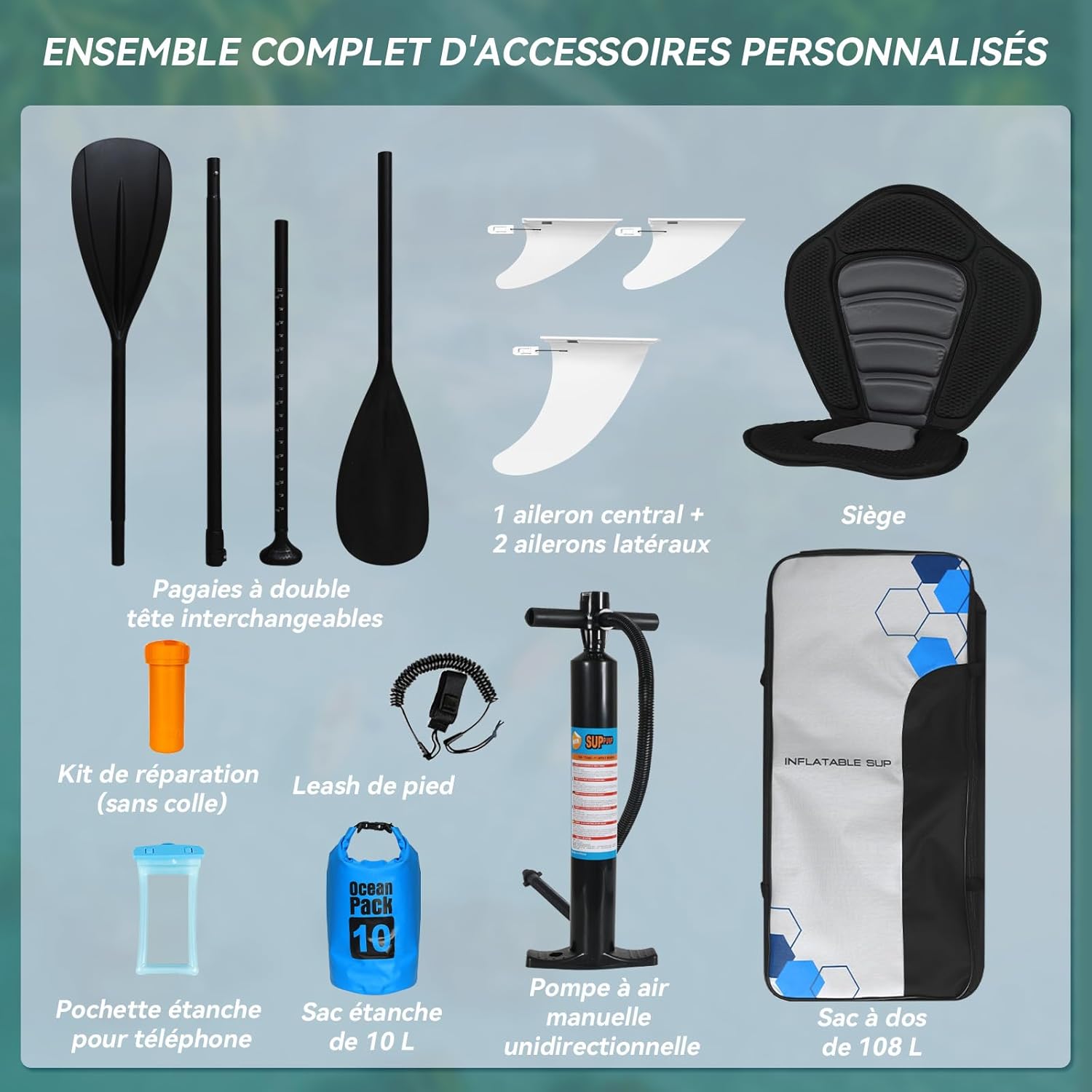 jardinite - paddle gonflable adulte - 320/335cm - 2 places, siège kayak, pagaie alu, support caméra, pompe, 150 kg