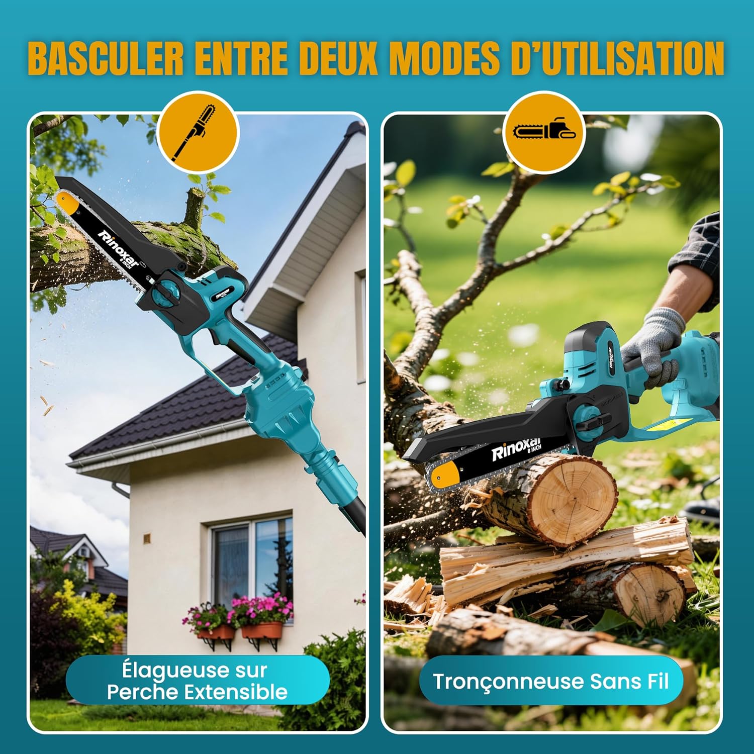 Élagueuse sur perche - 8 pouces - batterie 2x4000mAh, télescopique, lubrification auto