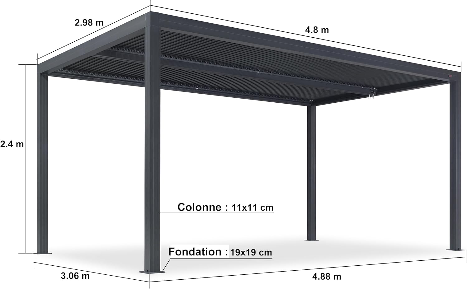 jardinite - Pergola bioclimatique - 4,8x3 m - stores enrouleurs, lames orientables, gris