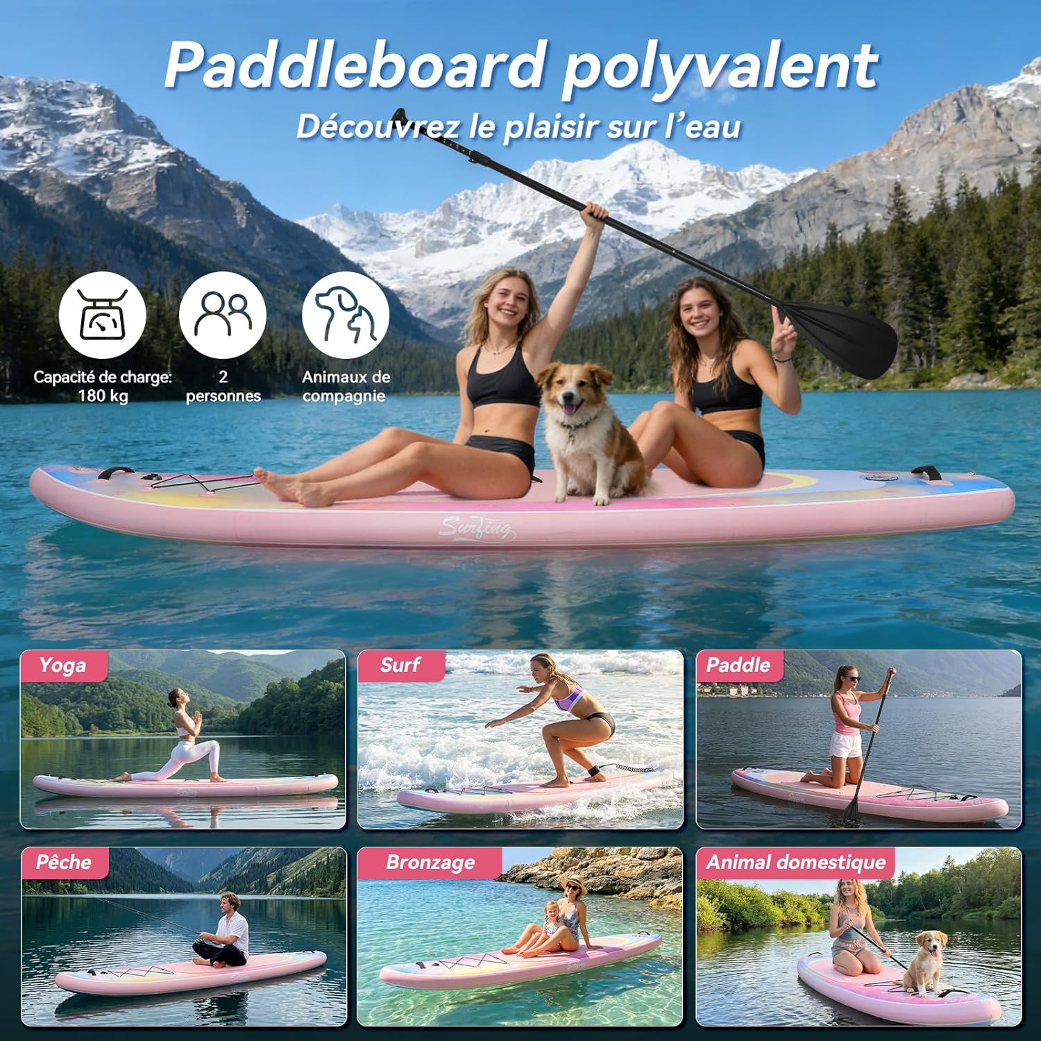 jardinite - Paddle Gonflable Série Adulte - 320/335cm - 2 places, siège kayak, pagaie alu, support caméra, pompe, 150kg