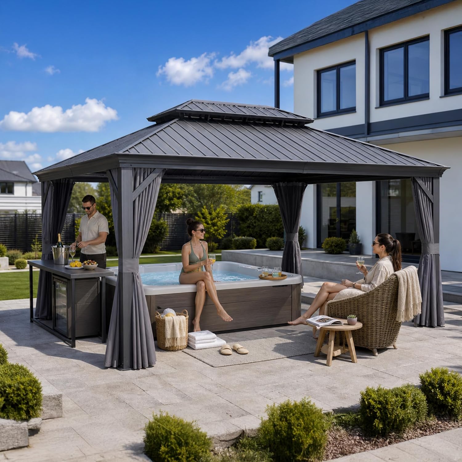 jardinite - Tonnelle série toit double - 4,85×3,65m - acier galvanisé, rideaux épais, gouttière